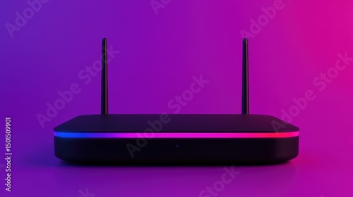 A modern wireless router with two antennas, illuminated by vibrant purple and pink lighting. photo