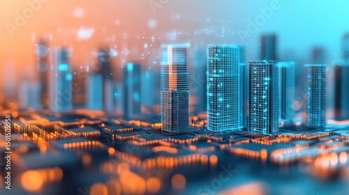 Futuristic cityscape with glowing digital buildings and circuit-like streets, blending technology and urban design in vibrant blue and orange hues.