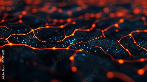 Abstract digital network with glowing orange lines and blue particles, resembling a futuristic or technological landscape.