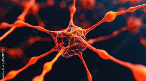 Close-up illustration of a neuron cell with interconnected dendrites, highlighting neural structure and connections on a dark background.