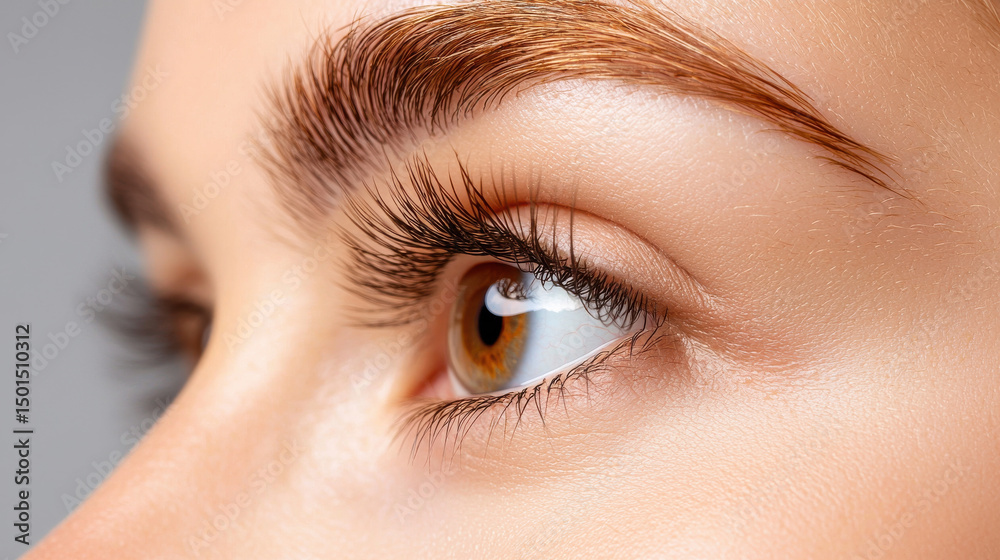 Obraz premium Close up view of person eye showcasing feathered eyebrows subtle brown and black tones, highlighting natural beauty and detail of eyelashes and iris. image evokes sense of elegance