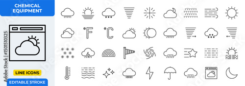 Weather Forecast Line Icons Set. Sun, cloud, rain, temperature, and wind symbols. Editable stroke vector.