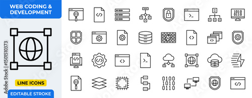 Web Coding & Development Line Icons Set. Programming, database, security, and network symbols. Editable stroke vector.