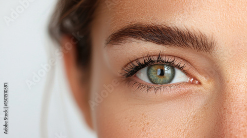 Close up of woman eye showcasing natural look with full, brushed up eyebrows and subtle, illuminated finish. eye is captivating, reflecting sense of beauty and confidence