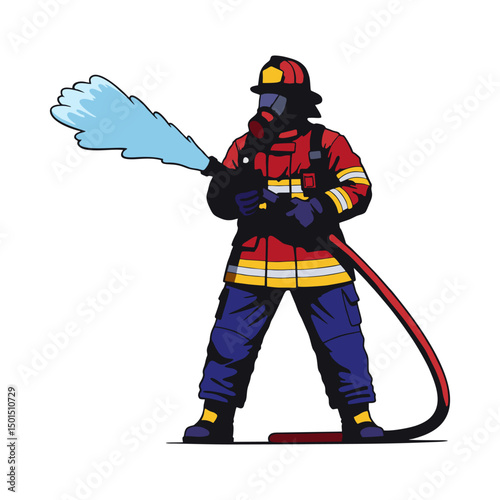 Illustration A firefighter is spraying water to extinguish a fire
