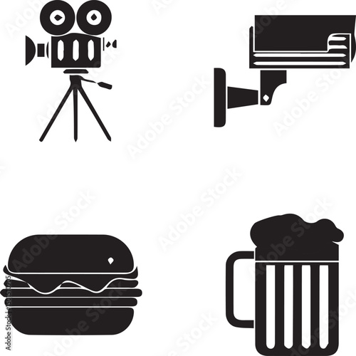 Multimedia Icons: Vector icons representing the entertainment and casual lifestyle elements, featuring a vintage film camera, a security camera, a hamburger and a beer mug.