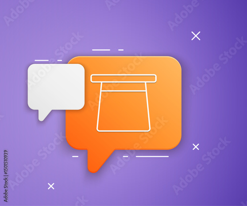 White Magic hat icon isolated on purple background. Magic trick. Mystery entertainment concept. Orange speech bubble symbol. Vector