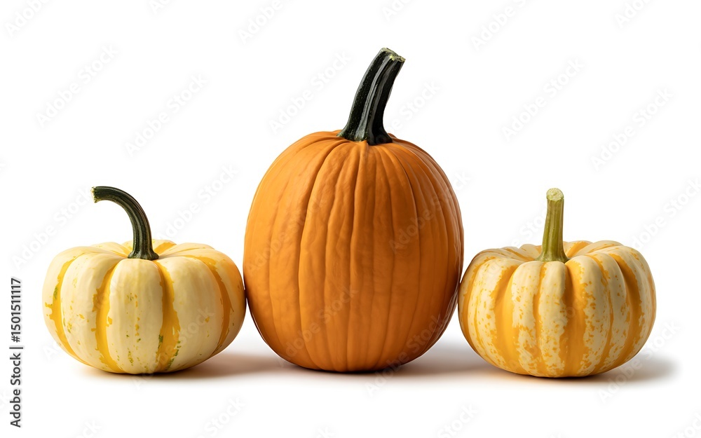 Fototapeta premium Three Fall Harvest Vegetables Pumpkins and Gourds on a White Background Still Life
