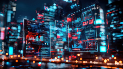 Wallpaper Mural Futuristic holographic business reports display vibrant data visualizations in cityscape at night, showcasing advanced technology and innovation. glowing screens reflect modern urban environment Torontodigital.ca