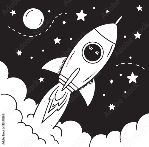 Cartoon rocket spaceship flying through the starry night sky with the moon and planets in the galaxy