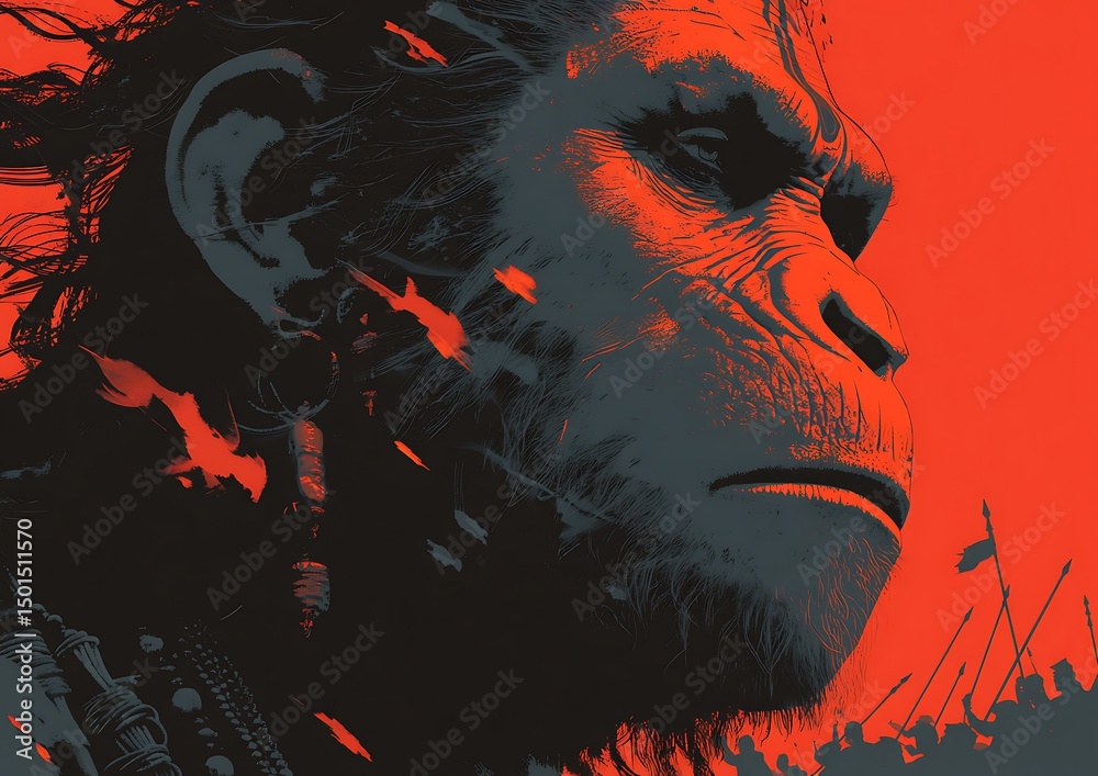 Fototapeta premium Ape Warrior; Confrontation; Red Background