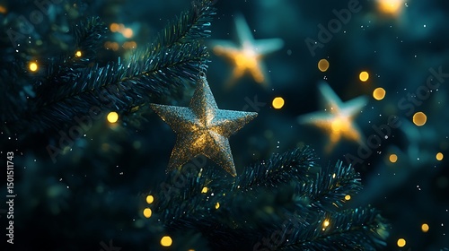 Festive christmas tree decorations in a dark teal background.