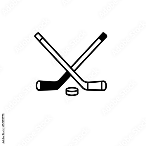 Hockey Sticks and Puck Icon - Black Solid Line Style