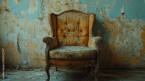 Forgotten grandeur: An antique armchair sits in a room with peeling paint and decay