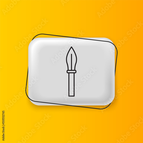 Black Medieval spear icon isolated on yellow background. Medieval weapon. Silver rectangle button. Vector