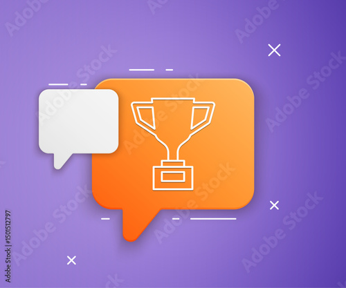 White Award cup with bicycle icon isolated on purple background. Winner trophy symbol. Championship or competition trophy. Sports achievement. Orange speech bubble symbol. Vector