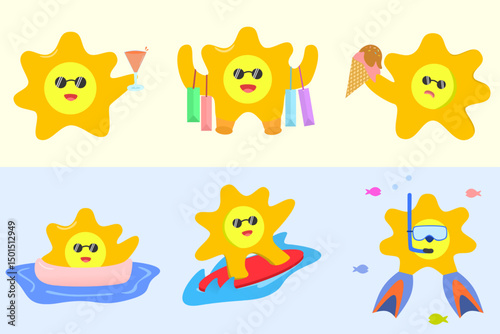 set of sun. cartoon sun character chilling with summer vibes—drinks, shopping, ice cream, surfing, swimming, and diving. collection of cartoon sun character. 