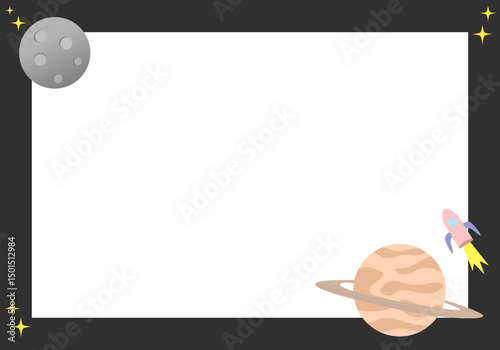 Border template with saturn, rocket, star and asteroid element. simple background outer space theme