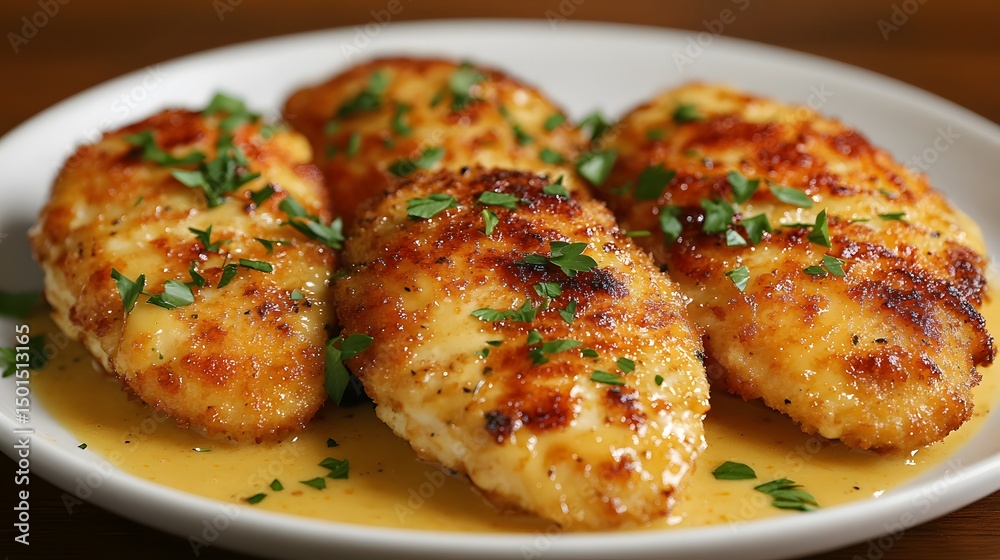 Crispy breaded chicken breasts served with a rich sauce. Crispy breaded chicken breasts served with a rich sauce.