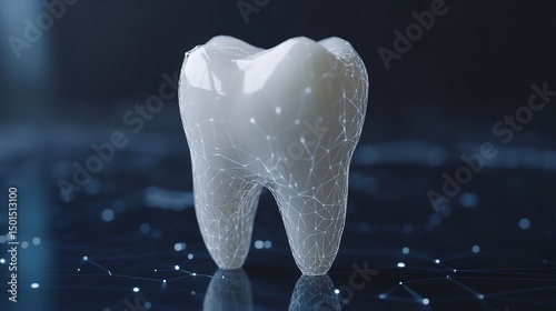 Fototapeta Naklejka Na Ścianę i Meble -  Low-Poly 3D Tooth with Connected Dots on Dark Blue


