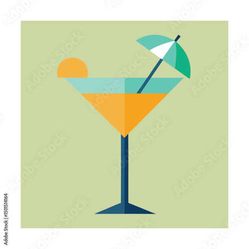 Simple vector illustration of a cocktail with an umbrella and orange slice on a green background
