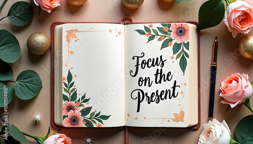 Open notebook with floral design and motivational quote
