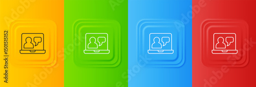 White Online education and graduation icon isolated on colorful background. Online teacher on monitor. Webinar and video seminar learning. Set icons in square buttons. Vector