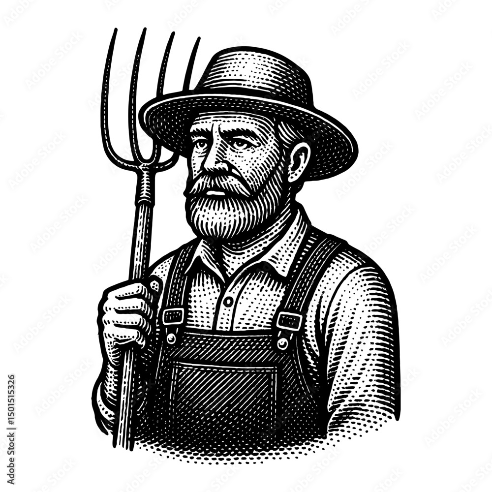 Obraz premium Black And White Illustration Of A Farmer With Pitchfork