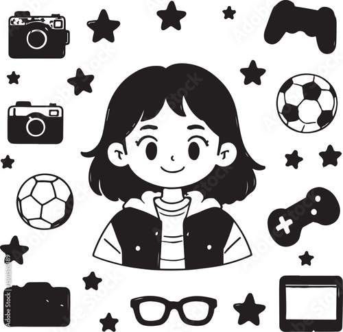 Cartoon vector illustration of a young boy playing soccer with a ball on a field, having fun during a game