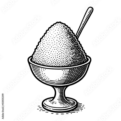 Black And White Illustration Of Shaved Ice Dessert In A Stemmed Bowl