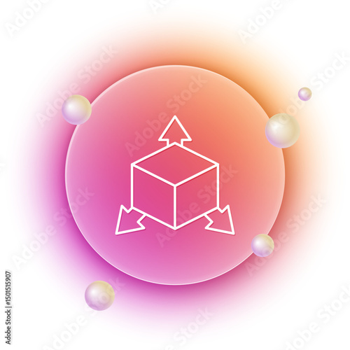 White Isometric cube icon isolated on white background. Geometric cubes solid icon. 3D square sign. Box symbol. Orange and pink gradient circle background. Vector