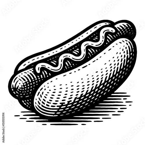 Detailed Black And White Hot Dog Illustration With Sauce