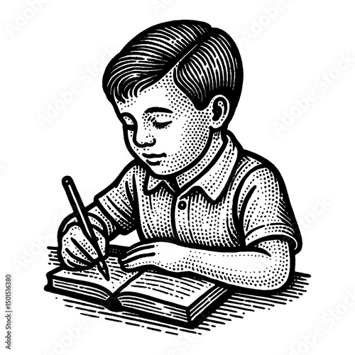 Focused Child Writing In Notebook Black And White Stipple Illustration