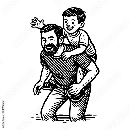 Joyful Father And Son Piggyback Ride Black And White Illustration