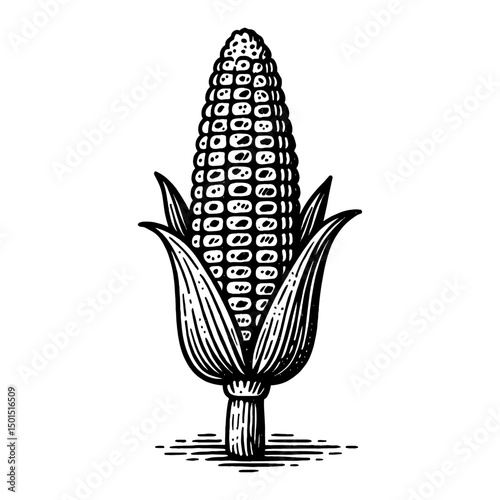 Monochromatic Corn Illustration Detailed Etching of an Ear of Corn