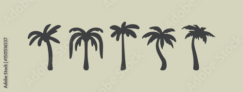 Vector icons of palm tree silhouettes in different artistic styles. Hand drawn abstract isolated illustrations. Flat tropical design elements. Vacation or beach emblem. Print design templates.