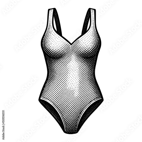 Monochromatic Stippled Illustration of a Simple One Piece Bathing Suit