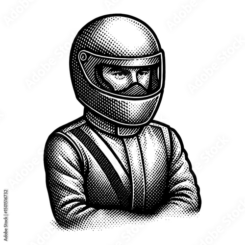 Serious Racing Driver Portrait Black And White Stippled Illustration