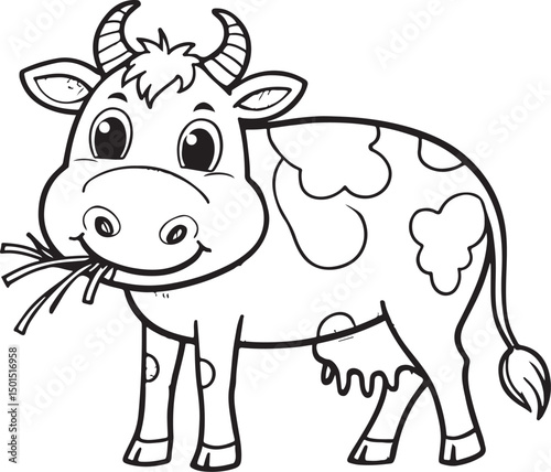 Funny cartoon cow illustration with a cute flower, isolated on white for your farm animal vector art