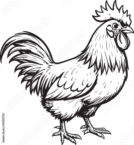 Isolated farm rooster on a white background, a detailed illustration of a poultry bird