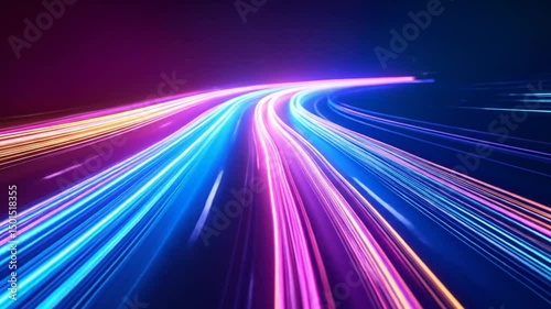 Abstract neon light trails speeding through cyberspace road to digital future