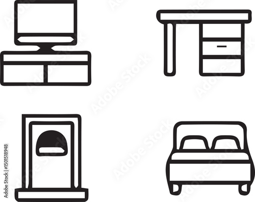 Home Interior Icons: A modern collection of home interior icons, offering a clean and minimalistic representation of essential home elements, designed to fit a variety of design needs.