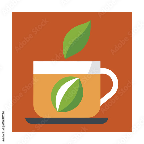Vector illustration of a tea cup with tea and a green leaf element for tea ceremony concepts