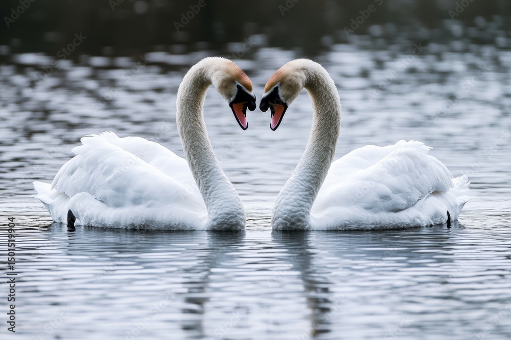 Obraz premium Two elegant swans gracefully curve their necks to form a heart shape in a calm lake at twilight. The tranquil water reflects their beauty, enhancing the romantic scene
