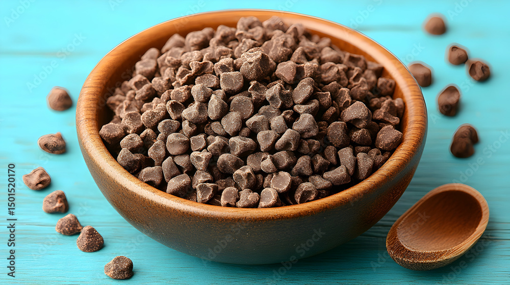 Chocolate chip abundance in a wooden bowl against a cool turquoise backdrop Chocolate chip abundance in a wooden bowl against a cool turquoise backdrop