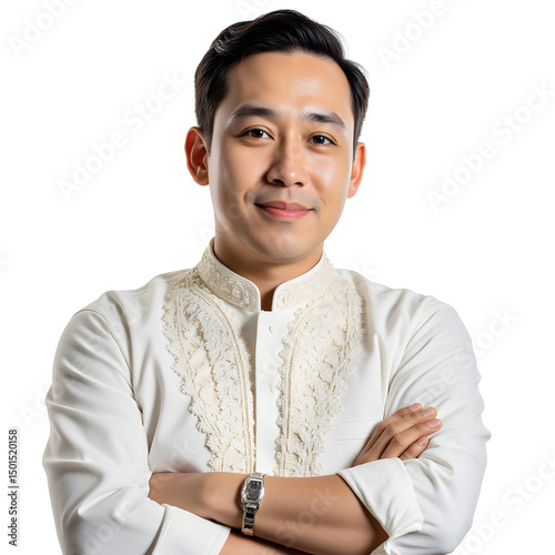 Confidently poised, a young man in a pristine white Barong Tagalog, his arms crossed, exudes an air of quiet strength and composure against a stark black backdrop.