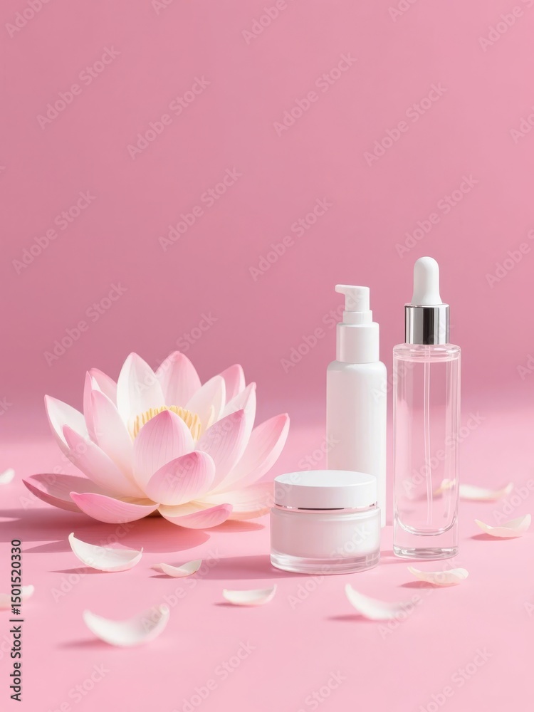 Skincare Products with Lotus Flower on Pink Background Skincare Products with Lotus Flower on Pink Background