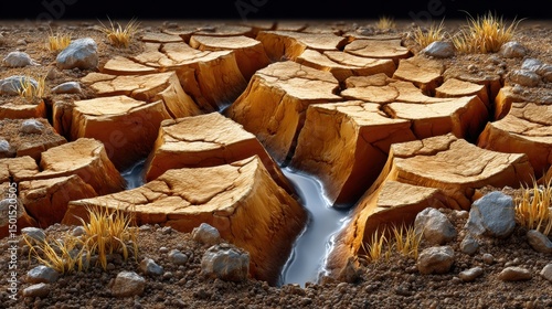 Close-up of cracked dry soil with sparse dry grass and rocks, illustrating drought or desert conditions