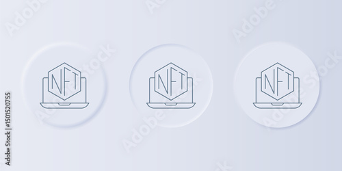 Grey Laptop with art store app icon isolated on grey background. Technology of selling NFT tokens for cryptocurrency. Non fungible token concept. Set icons in square buttons. Vector