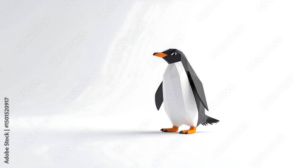 Fototapeta premium Low Poly Penguin Character Design on a Minimalist White Background for Creative Projects and Illustrations